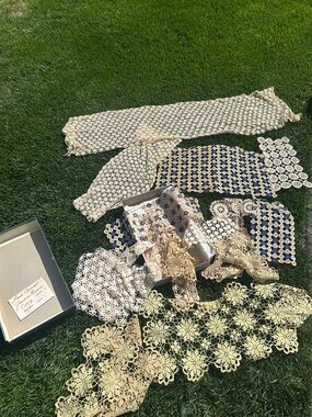Vintage Crochet Lace Doilies and Runners and Trim Set - Cream and Ivory and Blue